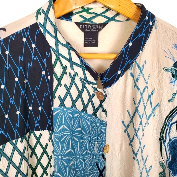 Citron Women's Silk Blue and White Patchwork Patterned Button-Up Shirt. O/S - Picture 3 of 13